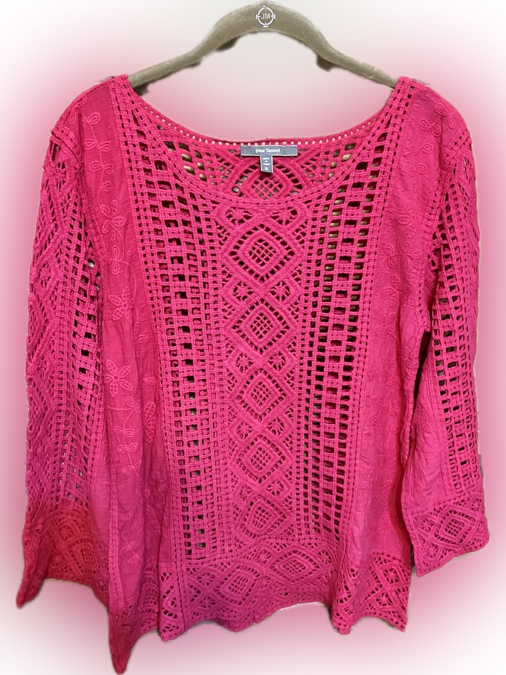 Women's Bright Pink Crochet Lace Long Sleeve Blouse by Blue Tassel